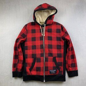 Vtg Abercrombie & Fitch Mens Sherpa Hoodie Medium Red Buffalo Check Full Zip Y2K